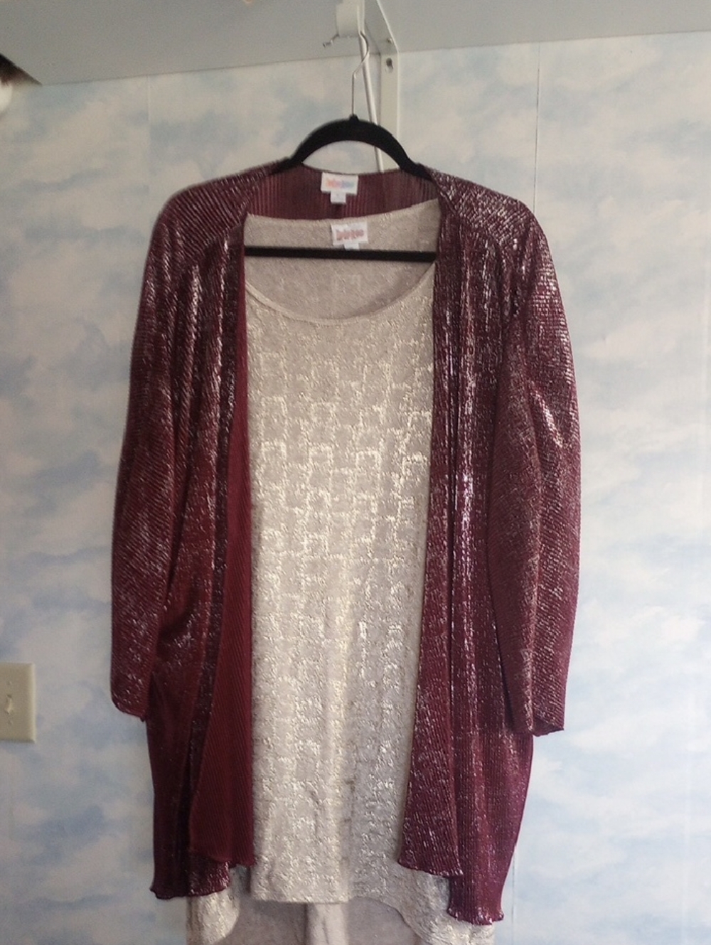 LuLaRoe Metallic Burgundy Open-Front Cardigan